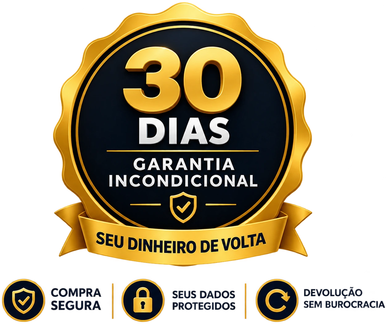 Selo de garantia incondicional de 30 dias: compra segura, dados protegidos e devolução sem burocracia, seu dinheiro de volta